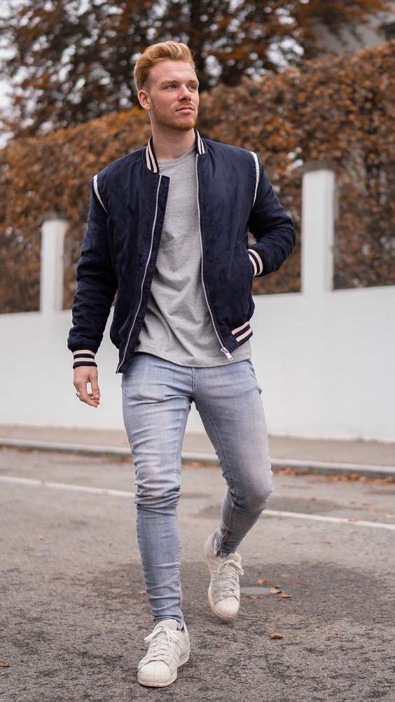 Dark Blue And Navy Bomber Jacket, Bomber Jacket Fashion Trends With Grey Jeans, Bomber Jacket Outfit Men: 