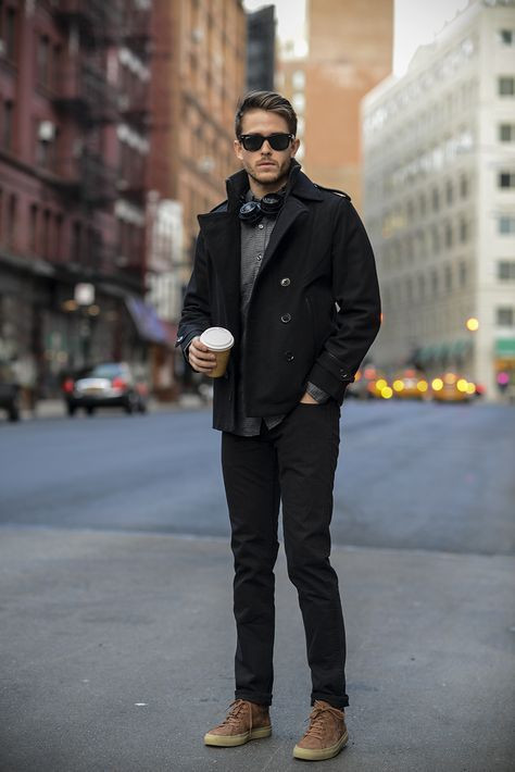 Black Peacoat, Pea Coat Outfit Trends With Black Casual Trouser, Men's Peacoat Outfit: 