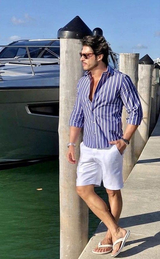 Blue Shirt, Boating Fashion Wear With White Casual Short, Jeans: 