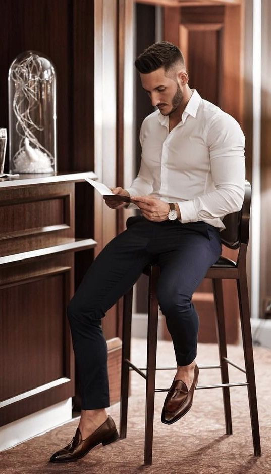 White Shirt, Loafers Ideas With Black Trousers, Gentlemen Outfits: 