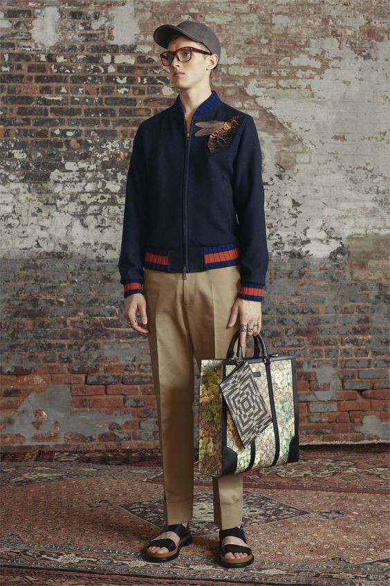 Dark Blue And Navy Harrington Jacket, Nerd Attires Ideas With Beige Casual Trouser, Gucci Cruise Men: 