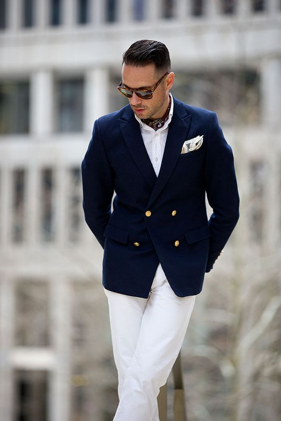 Dark Blue And Navy Suit Jackets Tuxedo, Interview Fashion Trends With White Formal Trouser, Men's Fashion Ascot: 