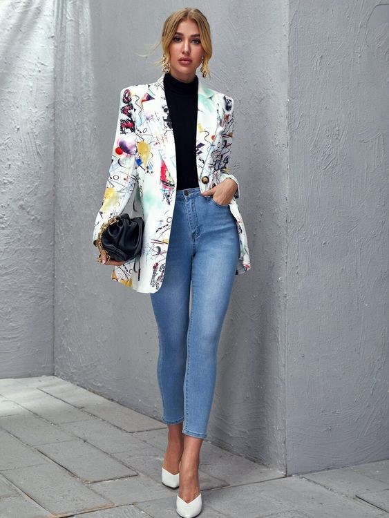 Suit Jackets And Tuxedo, Printed Blazer Fashion Trends With Light Blue Casual Trouser, Blazer Popart: 