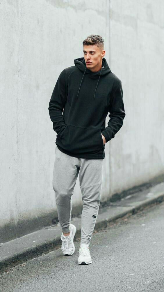 Grey Sweat Pant, Winter Casual Outfit Designs With Black Hoody, Men's Sporty Outfits: 