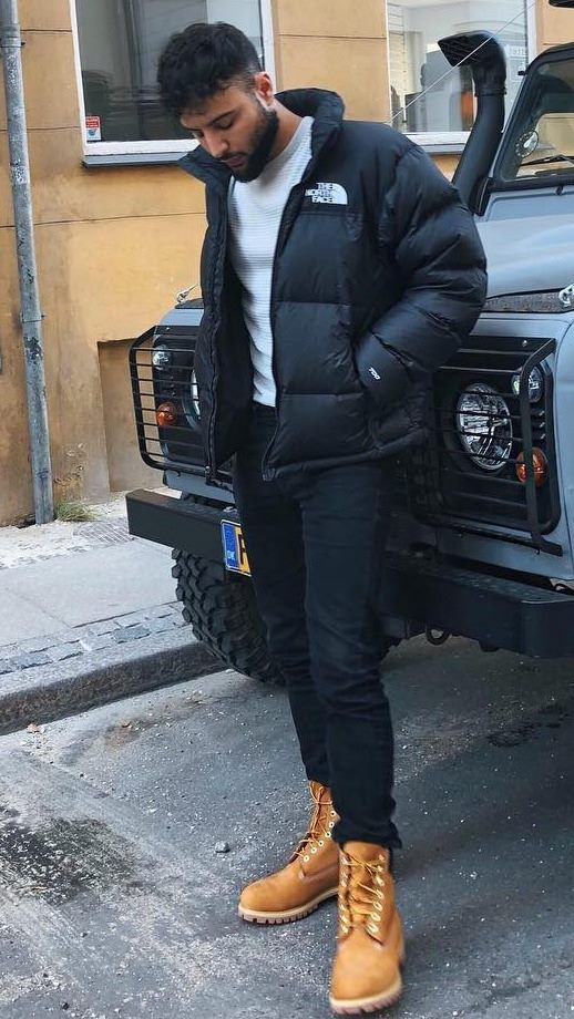 Black Winter Jacket, Timberland Boot Fashion With Black Casual Trouser, Timberland Outfits Men | Men's men's style, leather jacket, men's clothing, automotive tire, boots timberland men