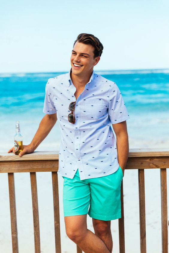 Light Blue Shirt, Boating Clothing Ideas With Turquoise Swim Short, Beach Summer Outfit Boy: 