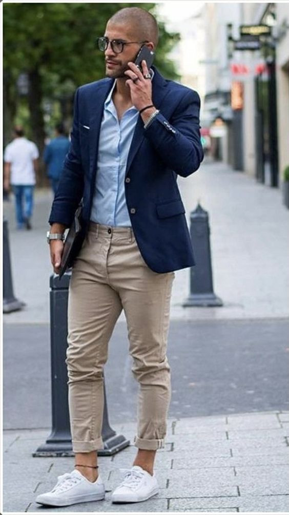 Dark Blue And Navy Suit Jackets Tuxedo, Semi Formal Fashion Trends With Beige Casual Trouser, Casual Blazer Outfit Men's: 