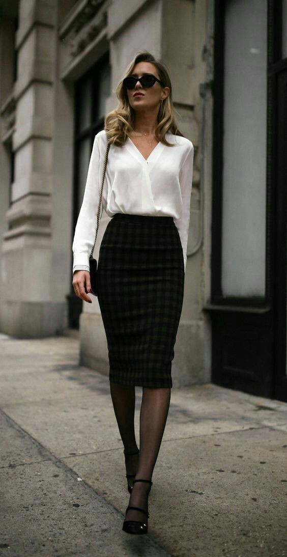 White Shirt, Office Fashion Trends With Black Pencil And Straight, Business Style Women: 