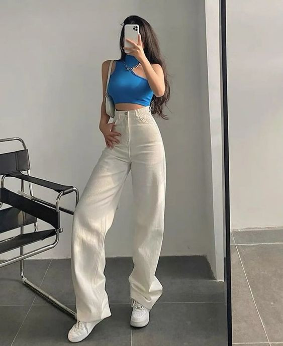 Light Blue Upper, Halter Top Fashion Outfits With Beige Leather Trouser, White Pants: 