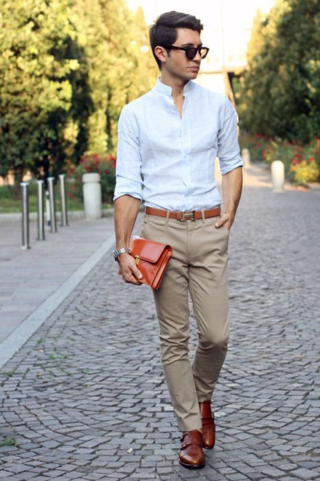 Light Blue Denim Shirt, Oxford Shoes Fashion Ideas With Beige Casual Trouser, Monk Strap With Jeans: 