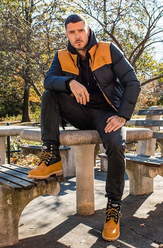 Black Bomber Jacket, Timberland Boot Wardrobe Ideas With Black Casual Trouser, North Face Timberlands: 