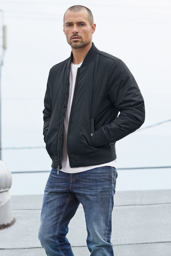 Black Bomber Jacket, Bomber Jacket Clothing Ideas With Dark Blue And Navy Jeans, Jacket: 