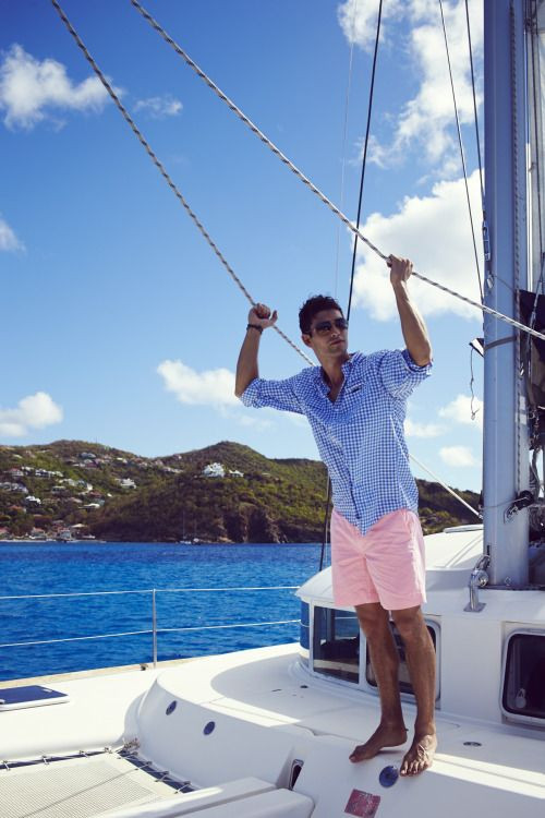 Light Blue Shirt, Boating Attires Ideas With Pink Swim Short, Men Summer Preppy Outfits: 