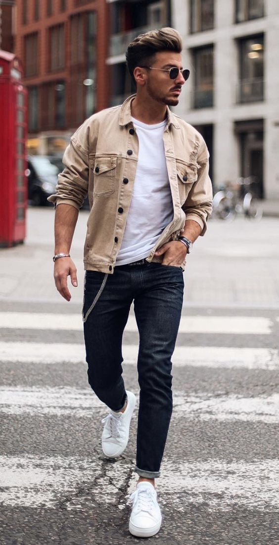 Beige Casual Jacket, Men's Clothing Ideas With Black Casual Trouser, Spring Outfits Men: 