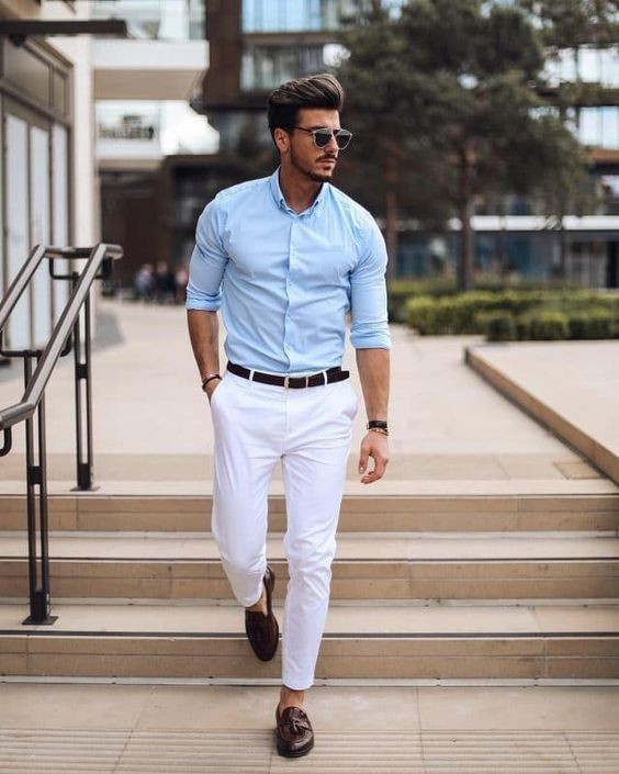 Light Blue Shirt, Loafers Outfit Designs With White Jeans, Summer Office Outfits Men's: 