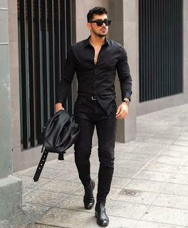 Black Denim Shirt, Men's Fashion Outfits With Black Leather Trouser, All  Black Outfit Men's Formal | Formal wear, evening dress, semi-formal wear