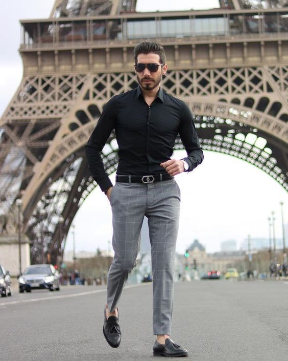 Black Shirt, Semi Formal Fashion Tips With Grey Formal Trouser: 