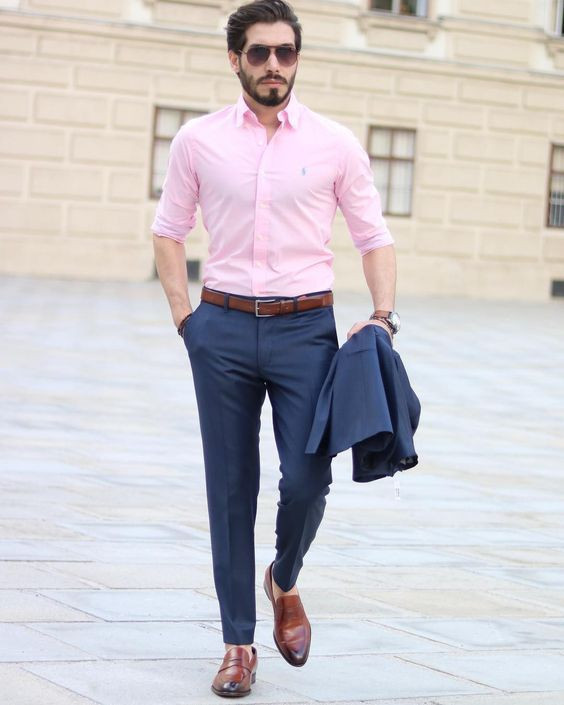 Pink Shirt, Interview Outfit Trends With Dark Blue And Navy Formal Trouser, Pink Shirt For Men: 