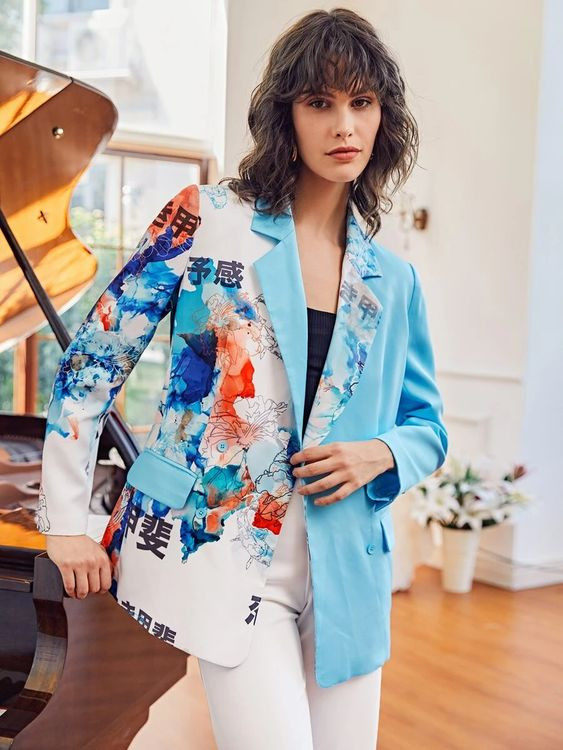 Light Blue Suit Jackets And Tuxedo, Printed Blazer Wardrobe Ideas With White Trouser, Shein Floral Blazers: 