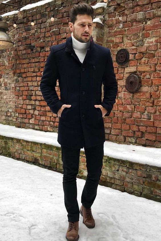 Dark Blue And Navy Winter Coat, Pea Coat Fashion Tips With Black Jeans, Men's Peacoat: 