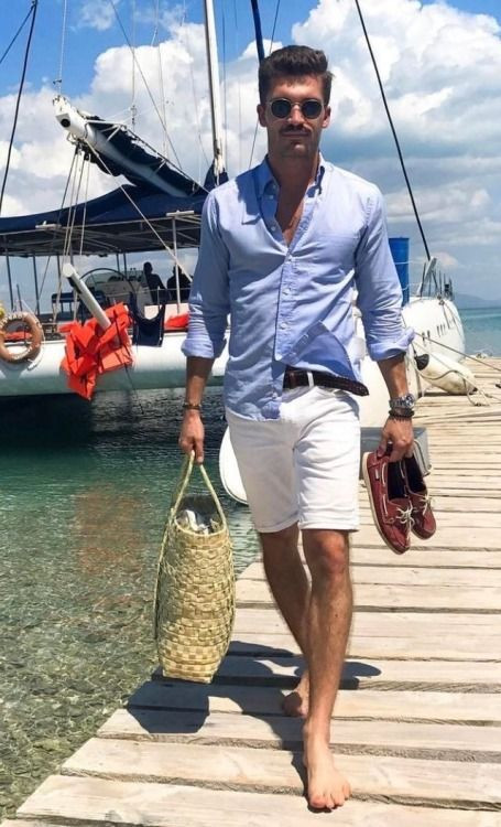 Light Blue Shirt, Boating Outfit Designs With White Denim Short, Vacation Outfit: 