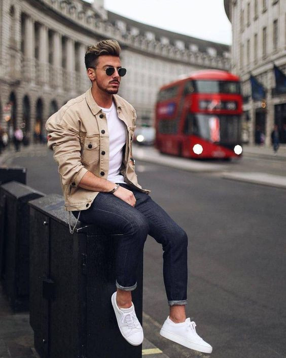 Beige Casual Jacket, Men's Fashion Outfits With Black Casual Trouser, White Sneakers Men Style: 