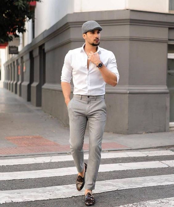 White Shirt, Loafers Fashion Tips With Grey Formal Trouser, Grey And White Formal Dress: 