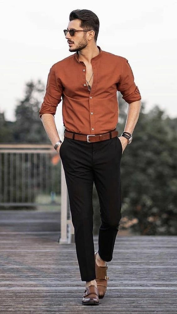Brown Shirt, Semi Formal Clothing Ideas With Black Casual Trouser, Formal Dress Combination For Men: 