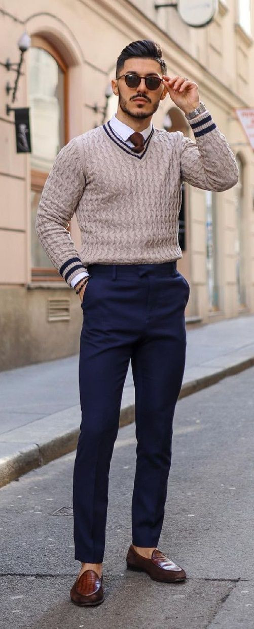 Beige Sweater, Interview Outfits With Dark Blue And Navy Formal Trouser, Interview Outfit Men: 