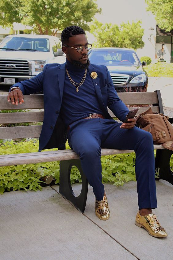 Dark Blue And Navy Suit Jackets Tuxedo, Men's Prom Outfit Trends With Dark Blue And Navy Jeans, Blue Suit With Gold Shoes: 