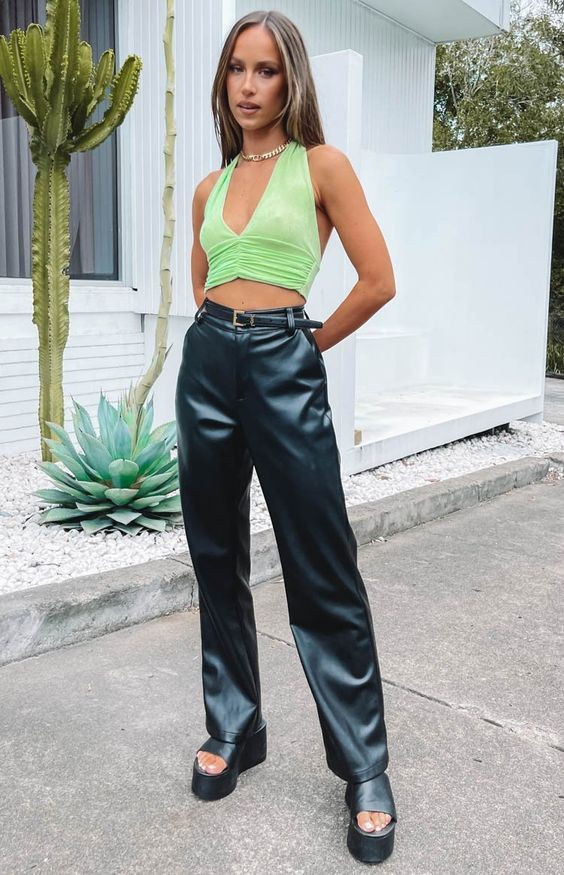 Green Crop Top, Halter Top Wardrobe Ideas With Black Formal Trouser, Jeans: 