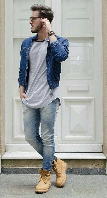 Light Blue Denim Shirt, Timberland Boot Fashion Trends With Light Blue Jeans, Men's Work Boot Outfit: 