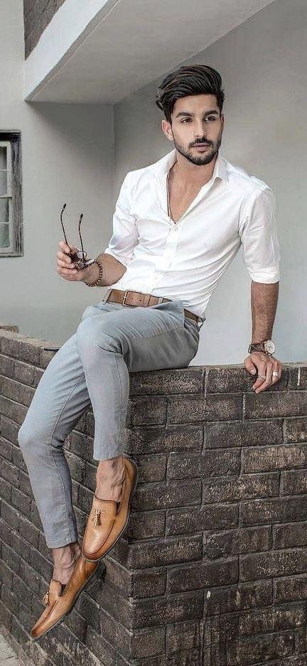 White Shirt, Loafers Attires Ideas With Grey Suit Trouser, Formal Look: 