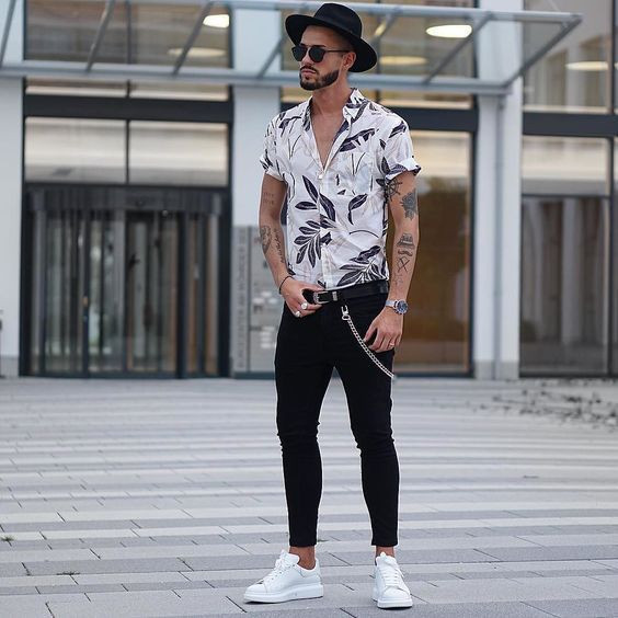White floral shirt with black jeans