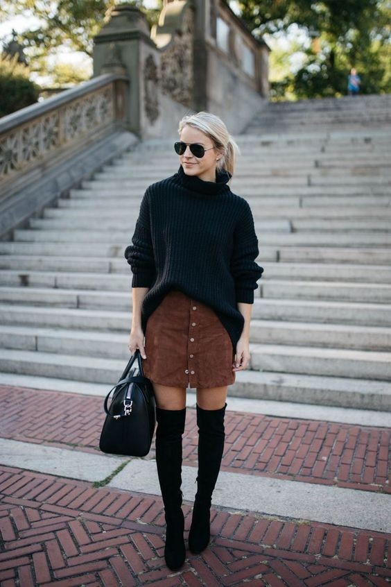 Brown Pencil And Straight, Suede Skirt Fashion Ideas With Black Sweater, Turtleneck Sweater Skirt Outfit: 