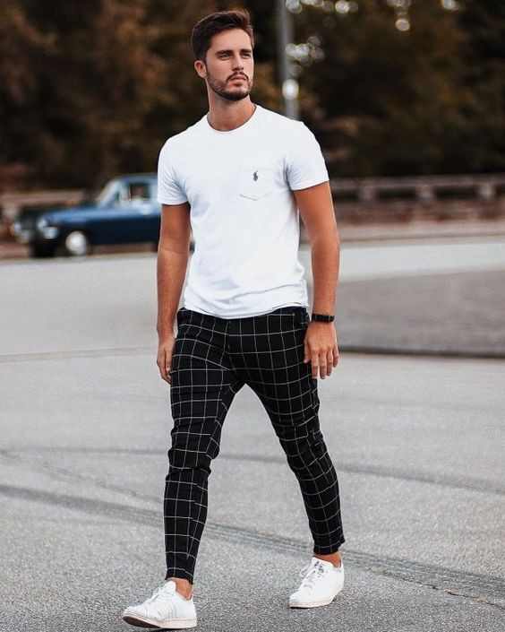 Black Casual Trouser, Chinos Attires Ideas With White T-shirt, Plaid Pants Men Style: 