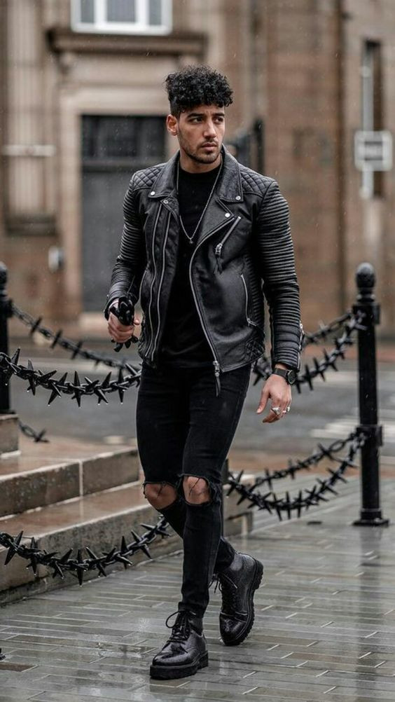 Black Biker Jacket, Boot Outfits With Black Leather Trouser, Monochrome Outfit Men: 