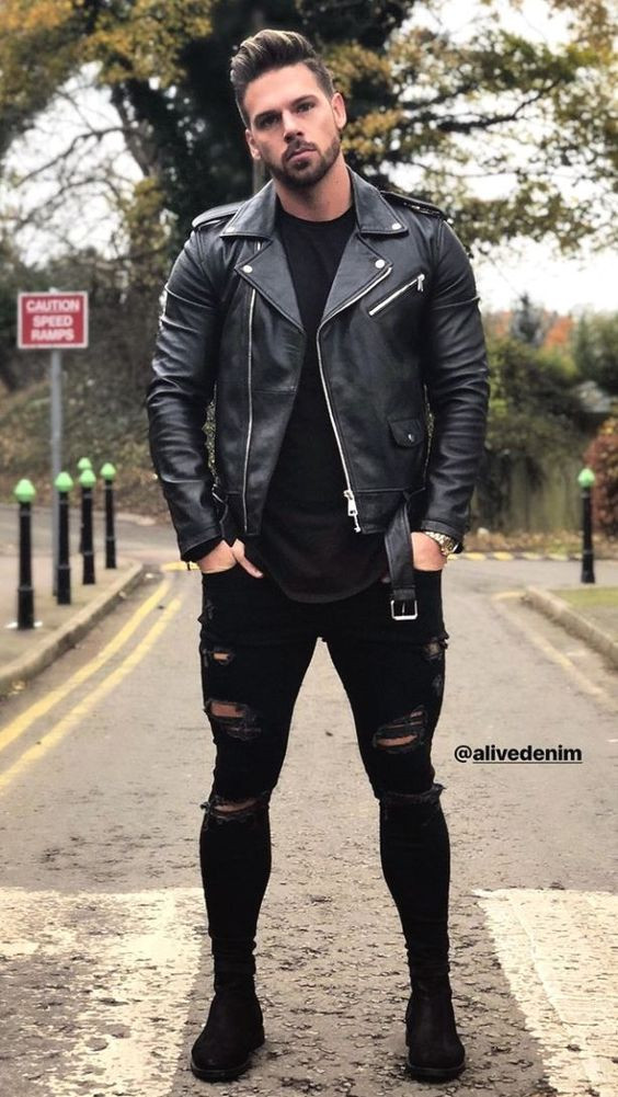 Black Biker Jacket, Bomber Jacket Outfit Trends With Black Jeans, Men's Jacket Styles: 