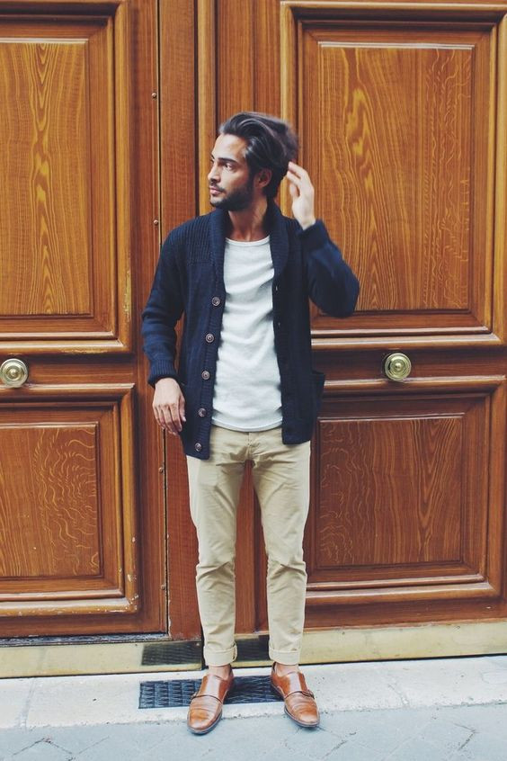 Dark Blue And Navy Bomber Jacket, Winter Ideas With Beige Casual Trouser, Men's Navy Cardigan Outfit: 