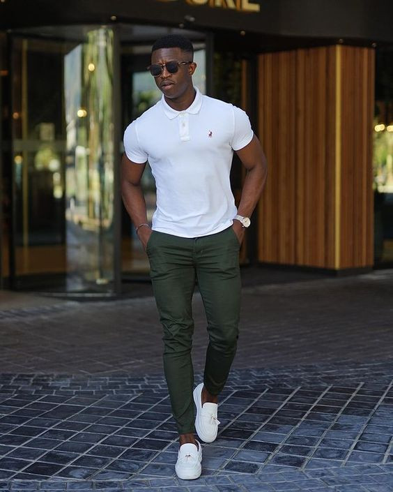 White Polo-shirt, Loafers Attires Ideas With Green Jeans, Standing: 
