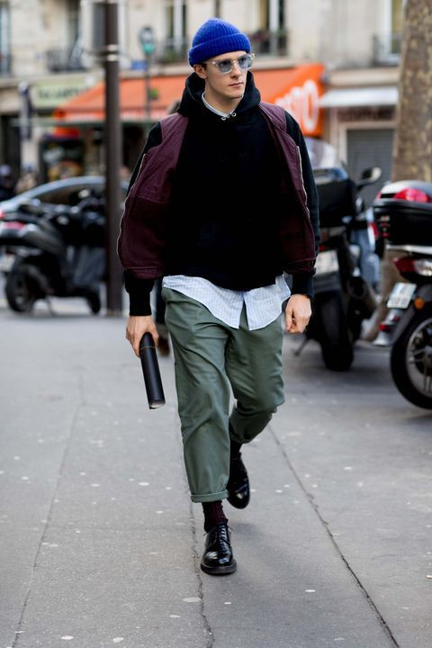 Purple And Violet Jacket, Beanie Outfit Designs With Green Casual Trouser, Street Style Fisherman Beanie Outfit: 