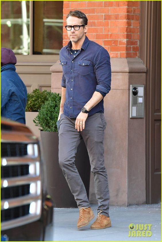 Dark Blue And Navy Denim Shirt, Nerd Ideas With Grey Jeans, Ryan Reynolds New York: 