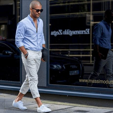 Light Blue Denim Shirt, Semi Formal Outfit Trends With White Beach Pant, Men's Shaved Head Fashion: 