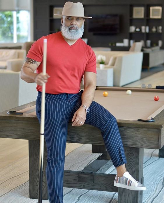 Red T-shirt, Over 50 Wardrobe Ideas With Dark Blue And Navy Casual Trouser, Casual Fashion For 50 Year Old Man: 