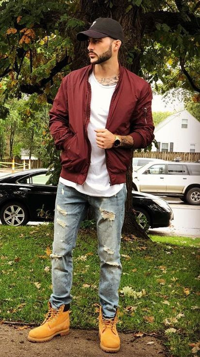 Purple And Violet Bomber Jacket, Timberland Boot Clothing Ideas With Denim Jeans,, Hombres Con Botas Y Gorra: 