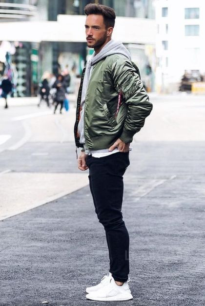Grey Bomber Jacket, Bomber Jacket Wardrobe Ideas With Black Casual Trouser, College Guy Outfits: 