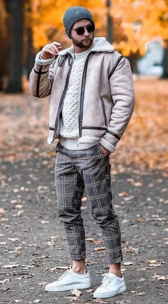 Pink Jacket, Beanie Fashion Trends With Grey Formal Trouser, Plaid Pants With Sweatshirt Men: 