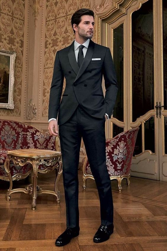 Black Suit Jackets And Tuxedo, Party Fashion Outfits With Black Suit Trouser, Double-breasted Groom Jacket: 