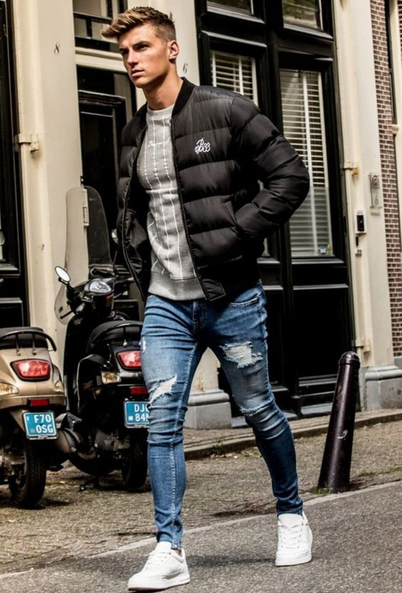Black Bomber Jacket, Bomber Jacket Ideas With Dark Blue And Navy Jeans, Down Jacket Outfit Men: 