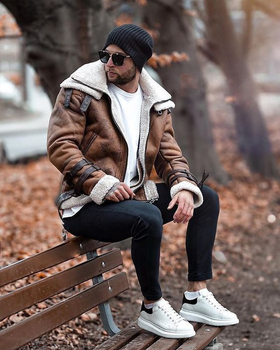 Brown Jacket, Beanie Fashion Outfits With Black Jeans, Winter Clothes For Men: 